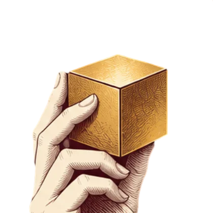Detail of the engraving: a hand holding the gold cube