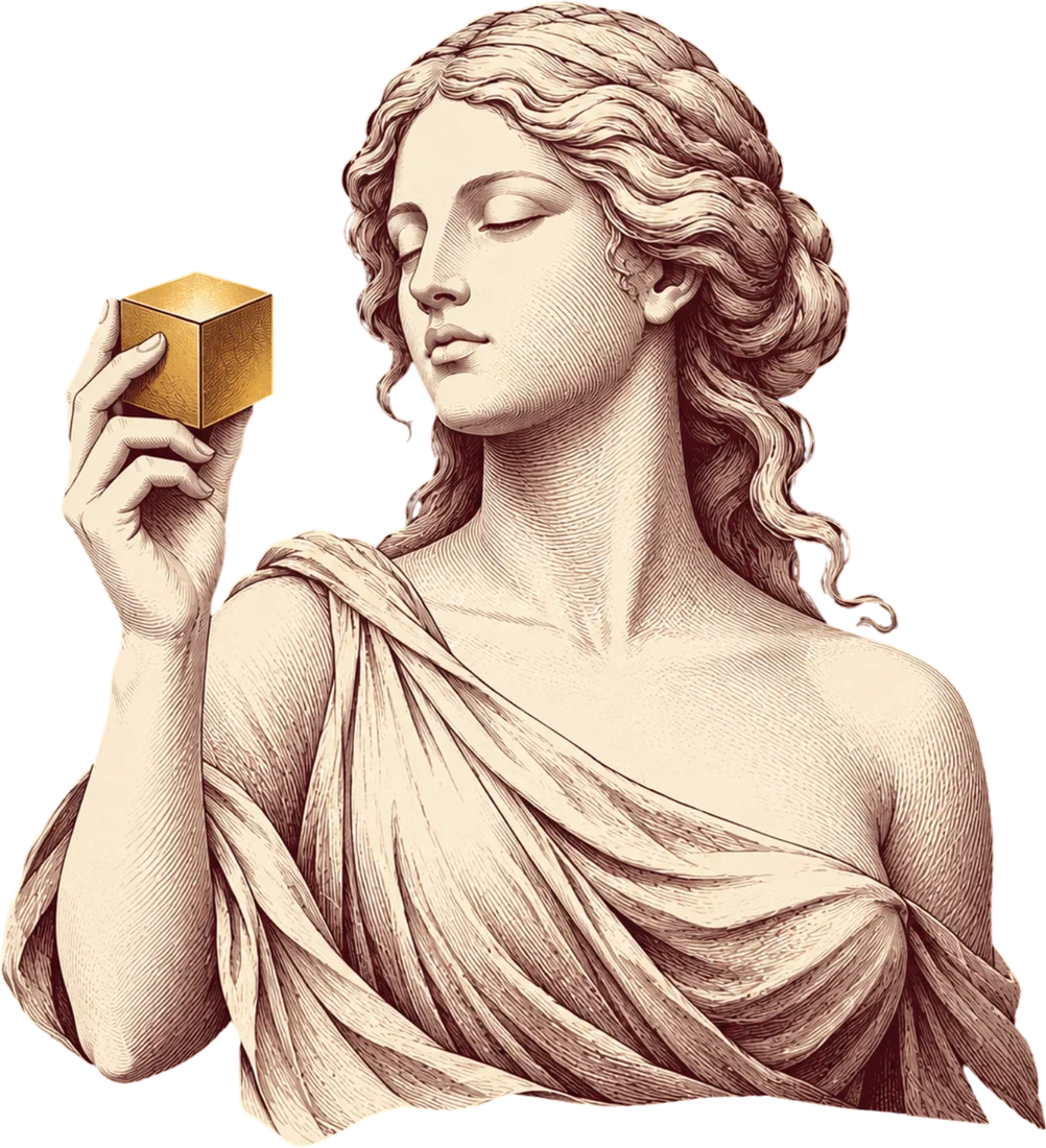 Engraved marble figure of Aphrodite holding a small gold cube, the emblem of the project